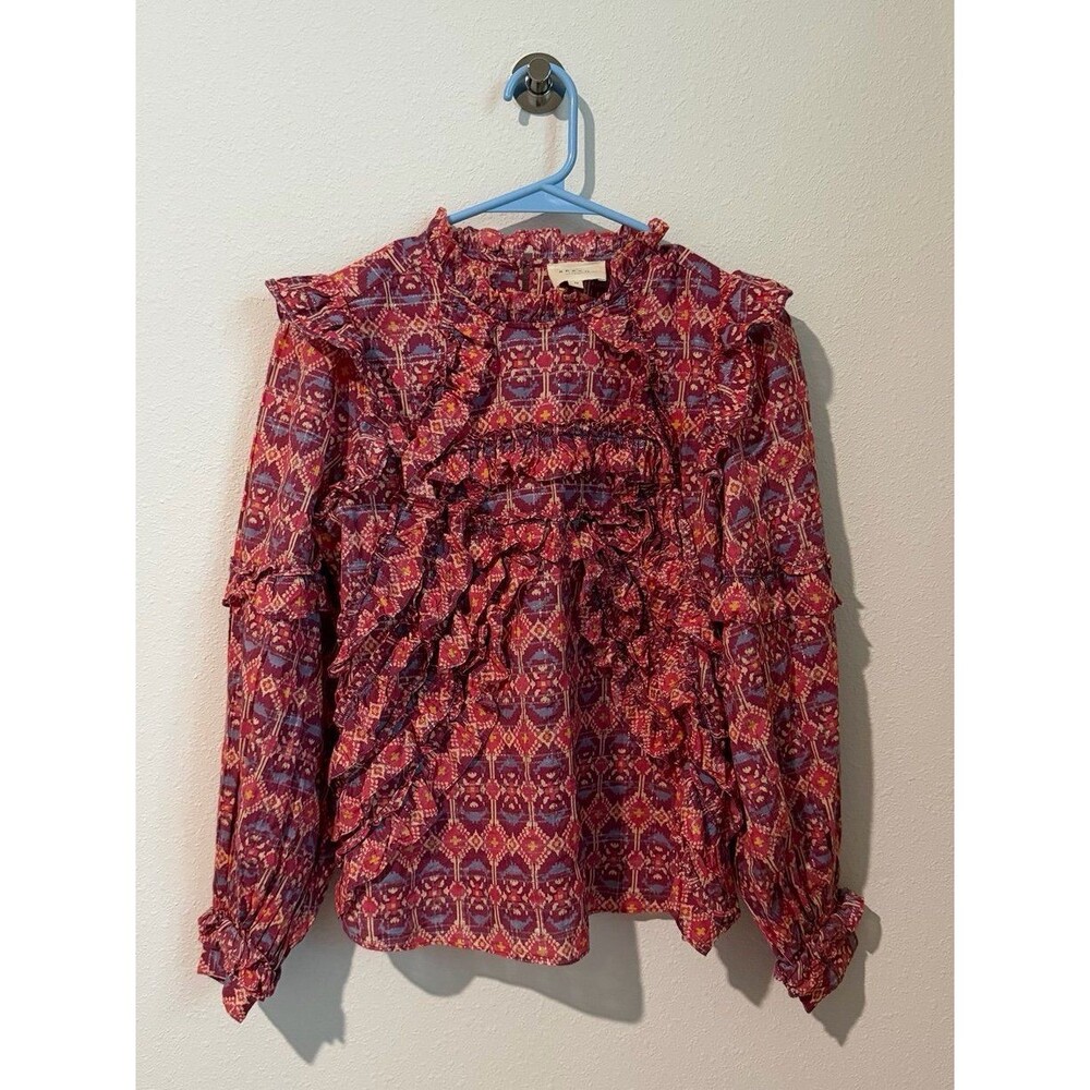 Sezane Emmy Ruffled Long Sleeve Blouse in Vibrant Berry Print Size 34 EUC